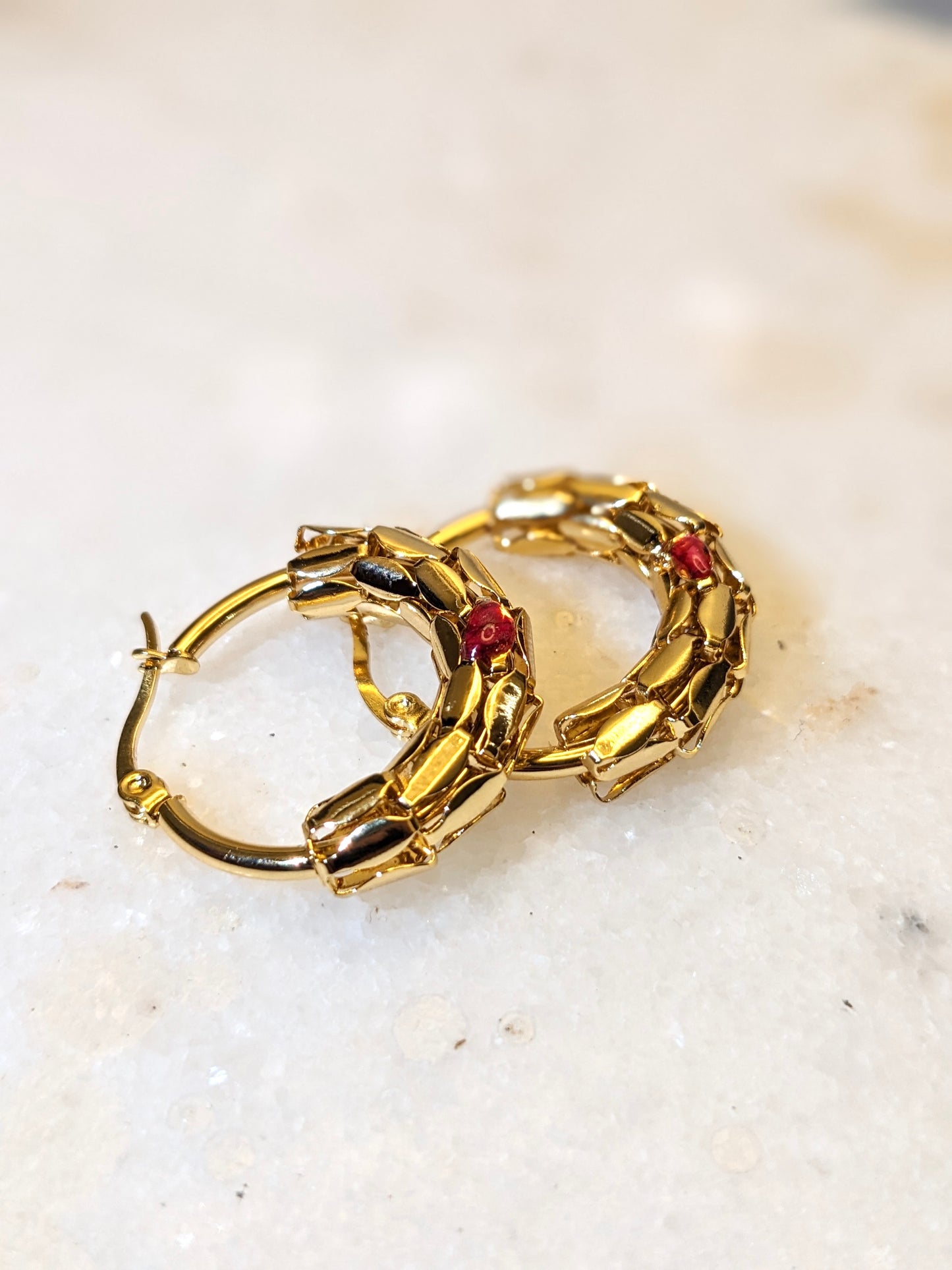 Gold-Plated Earrings with Red Rose Petals