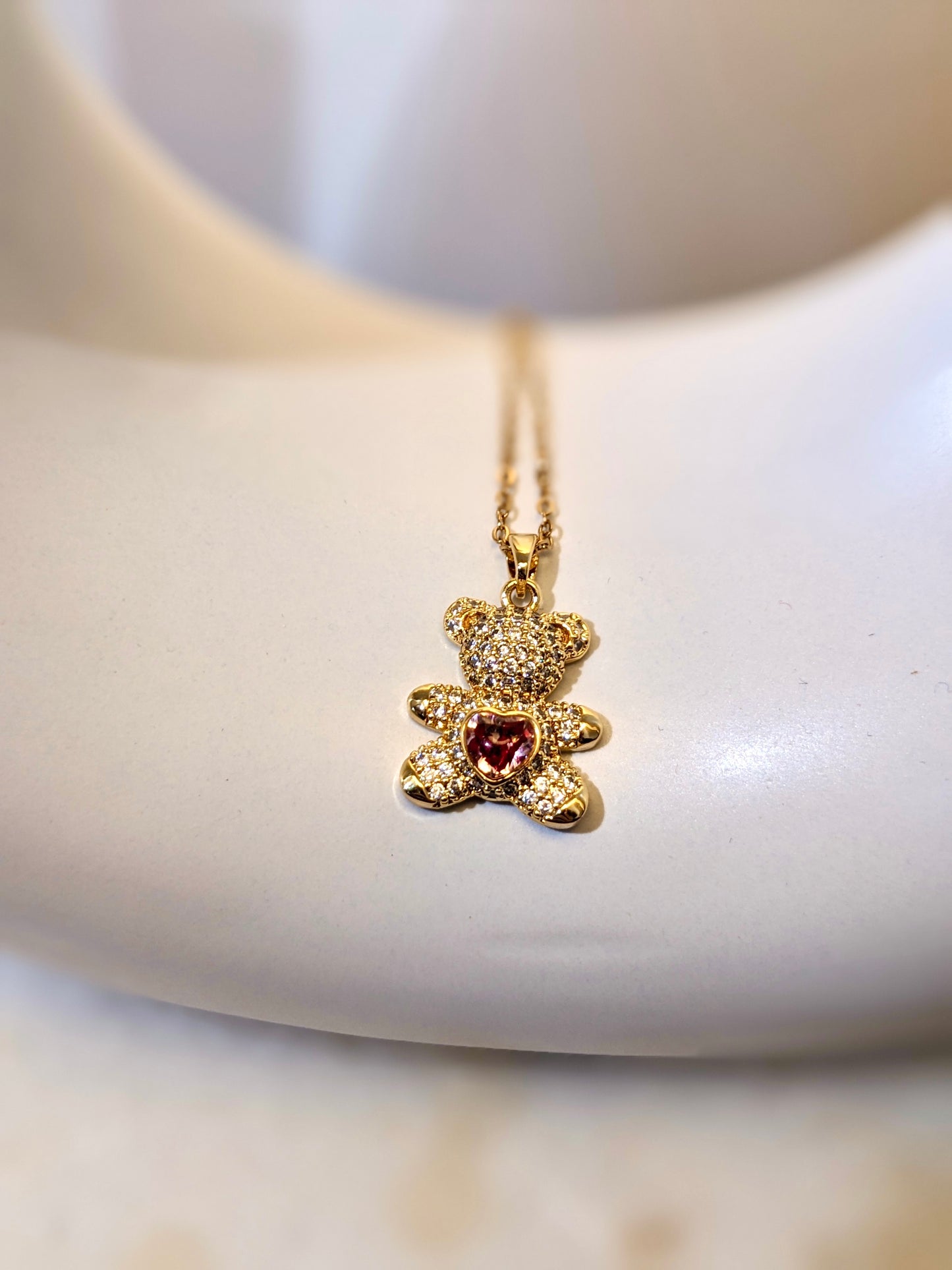 Golden Teddy Bear Necklace with Dry Red Roses