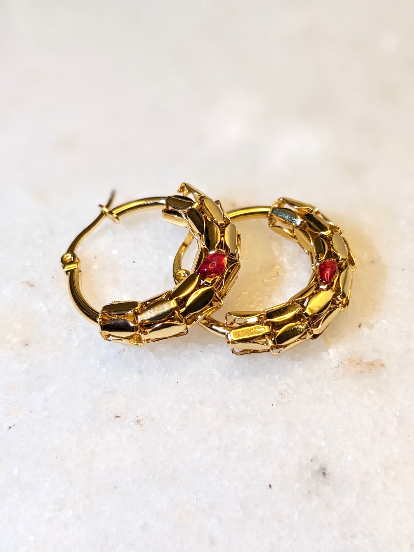 Gold-Plated Earrings with Red Rose Petals