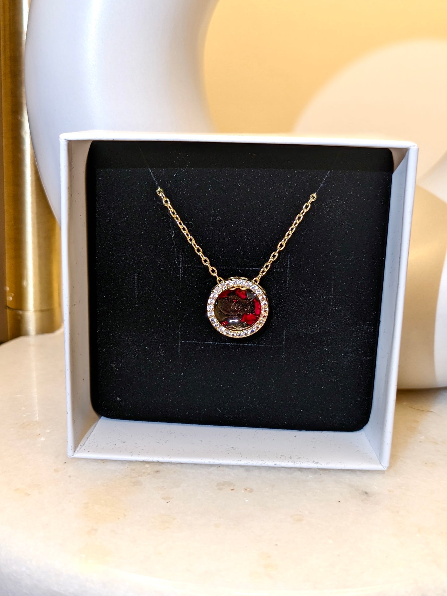 Circle Pendant with Red Rose Petals