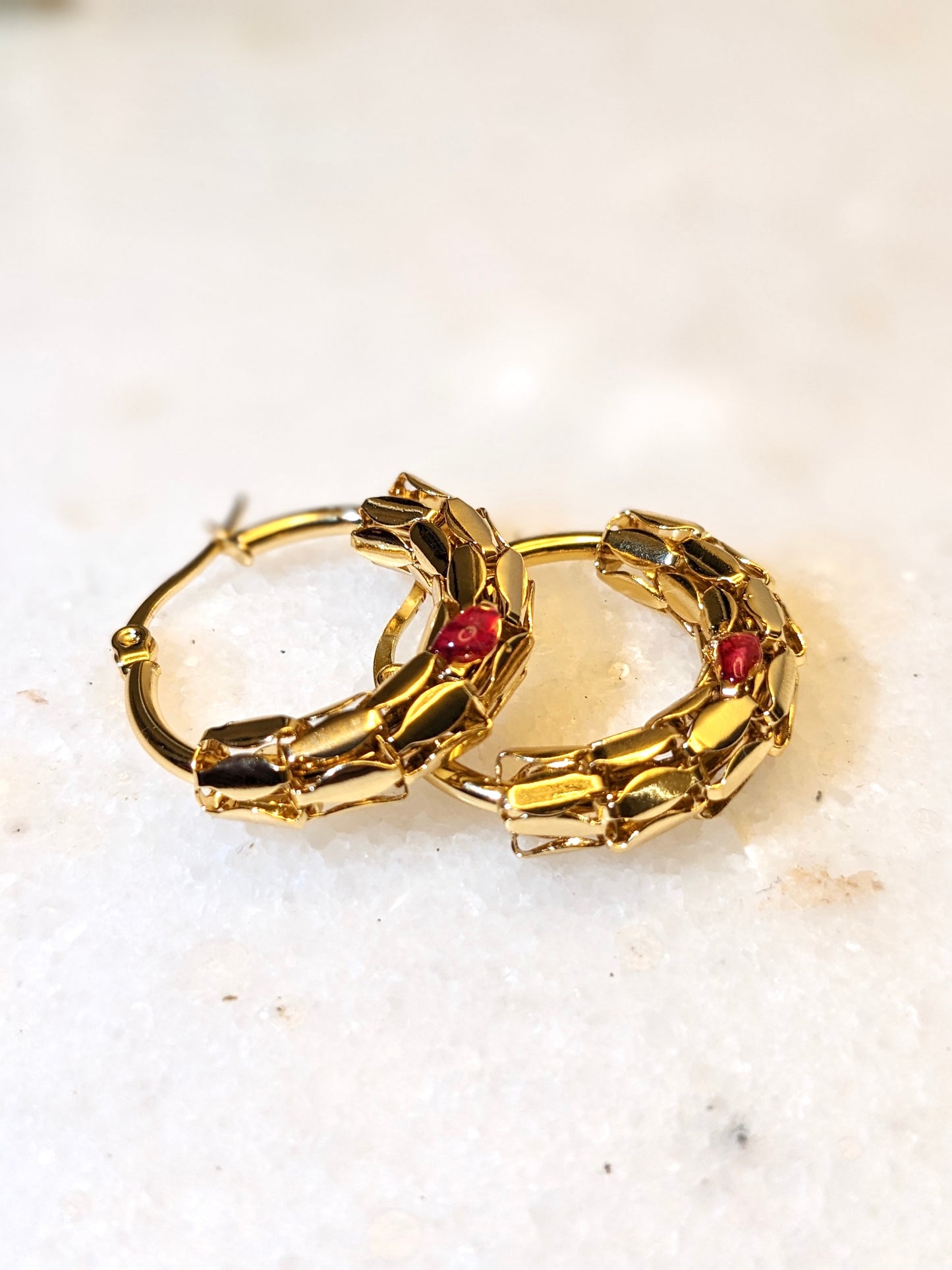 Gold-Plated Earrings with Red Rose Petals