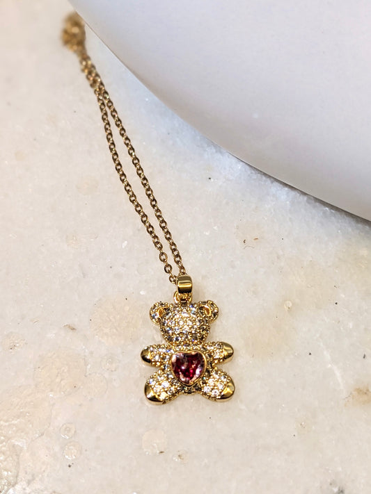 Golden Teddy Bear Necklace with Dry Red Roses